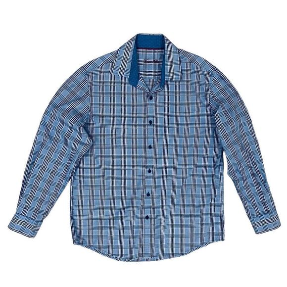 Tasso Elba Blue Plaid Buttons Down Long Sleeve Flip Cuff  Sz M (15-151/2) Shirt - Picture 1 of 10